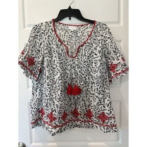 J Jill‎ Peasant Blouse Pullover Top Embroidered  Black White Red Tassels size PS